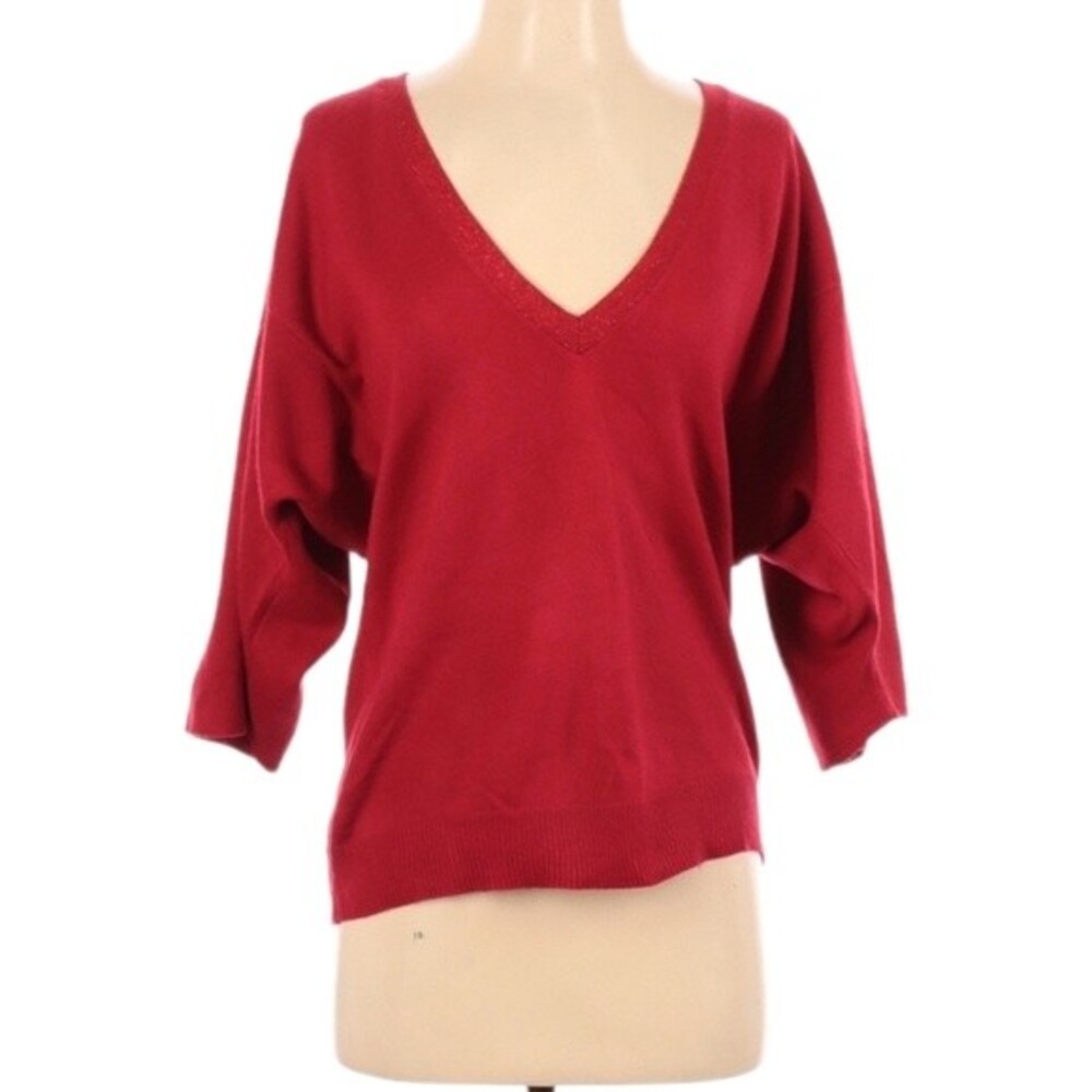 New York & Company‎ Sweater Womens Size S Red 3/4 Sleeve Deep V-Neck Christmas
